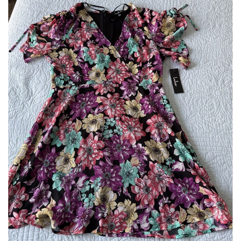 Lulus Pink Purple Floral Short Sleeve Mini Dress Large A-line NWT Wedding Guest